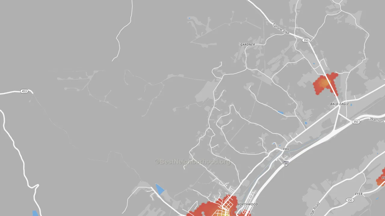 Walk Grade map of Northwood, PA, walkable areas in green and car-dependent areas in red