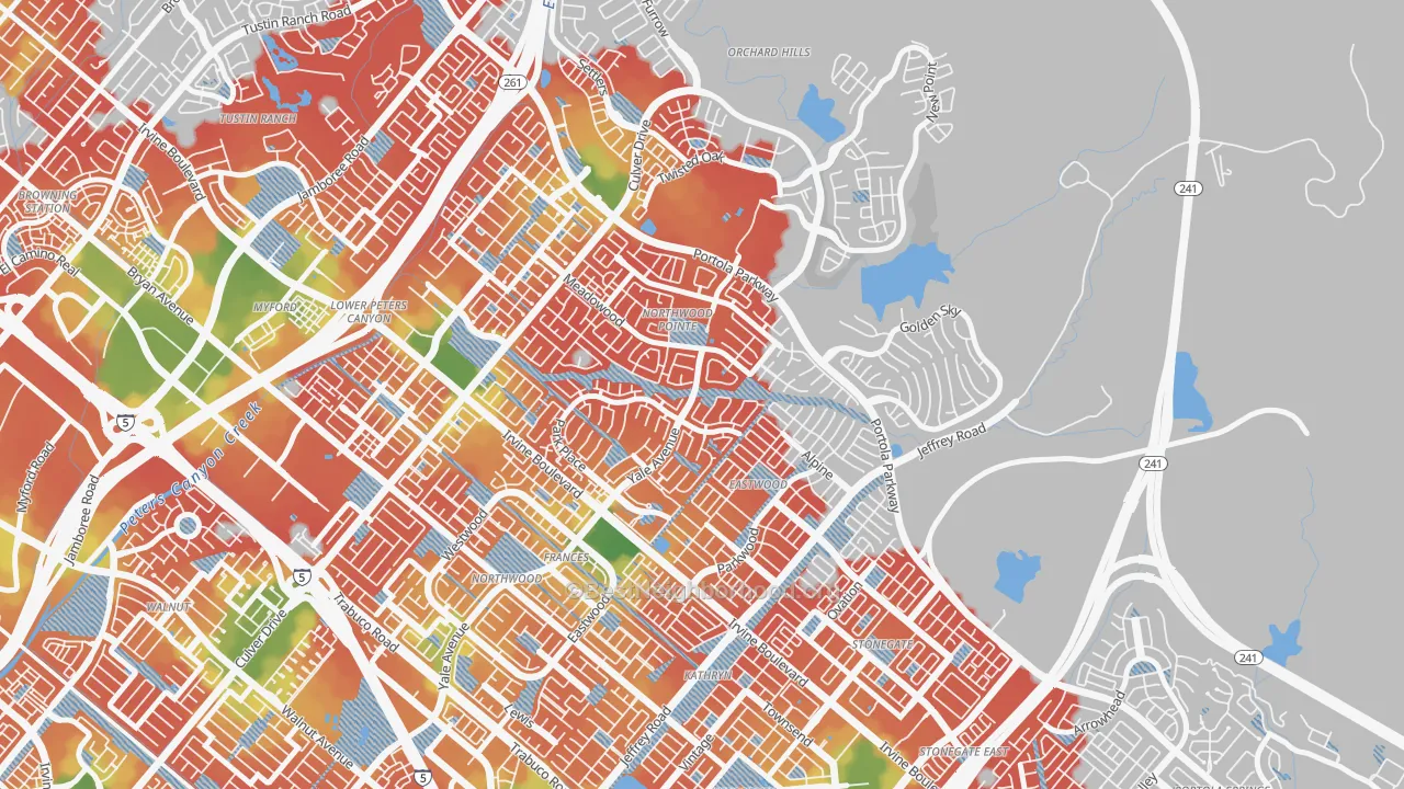 Walk Grade map of Northwood Point, Irvine, CA, walkable areas in green and car-dependent areas in red