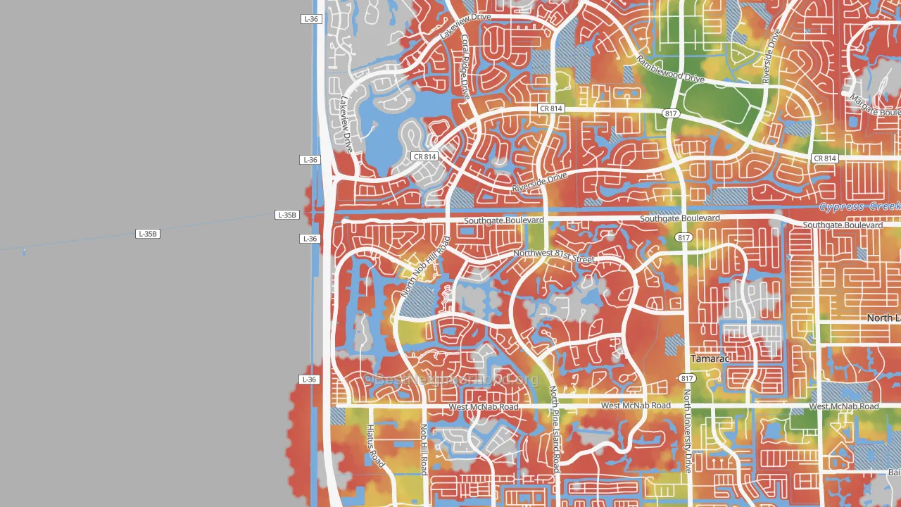 Walk Grade map of Northwood, Tamarac, FL, walkable areas in green and car-dependent areas in red