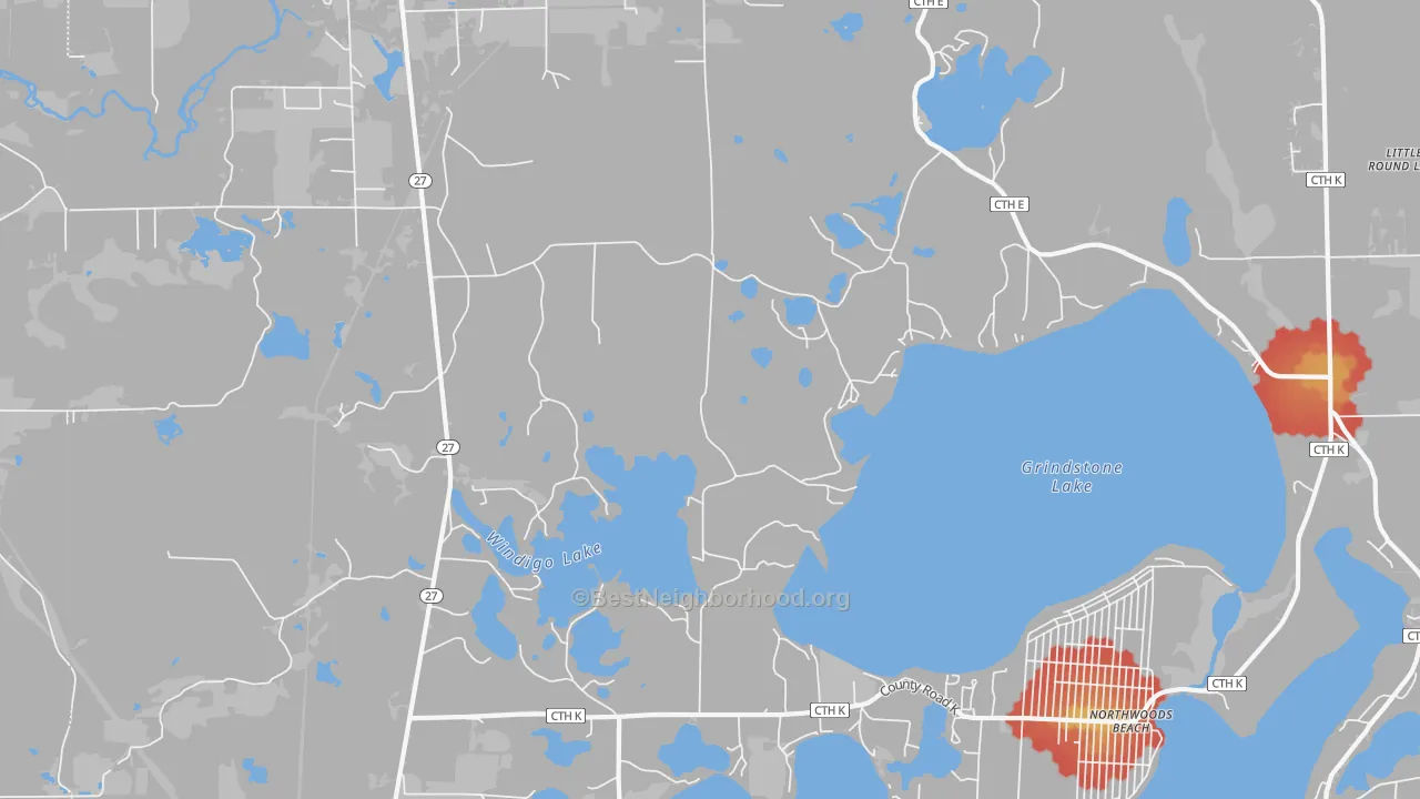 Walk Grade map of Northwoods Beach, WI, walkable areas in green and car-dependent areas in red