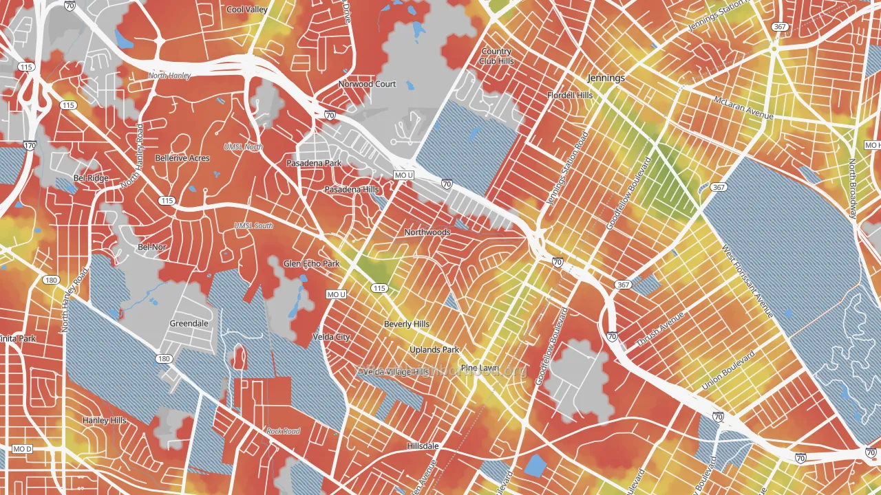 Walk Grade map of Northwoods, MO, walkable areas in green and car-dependent areas in red