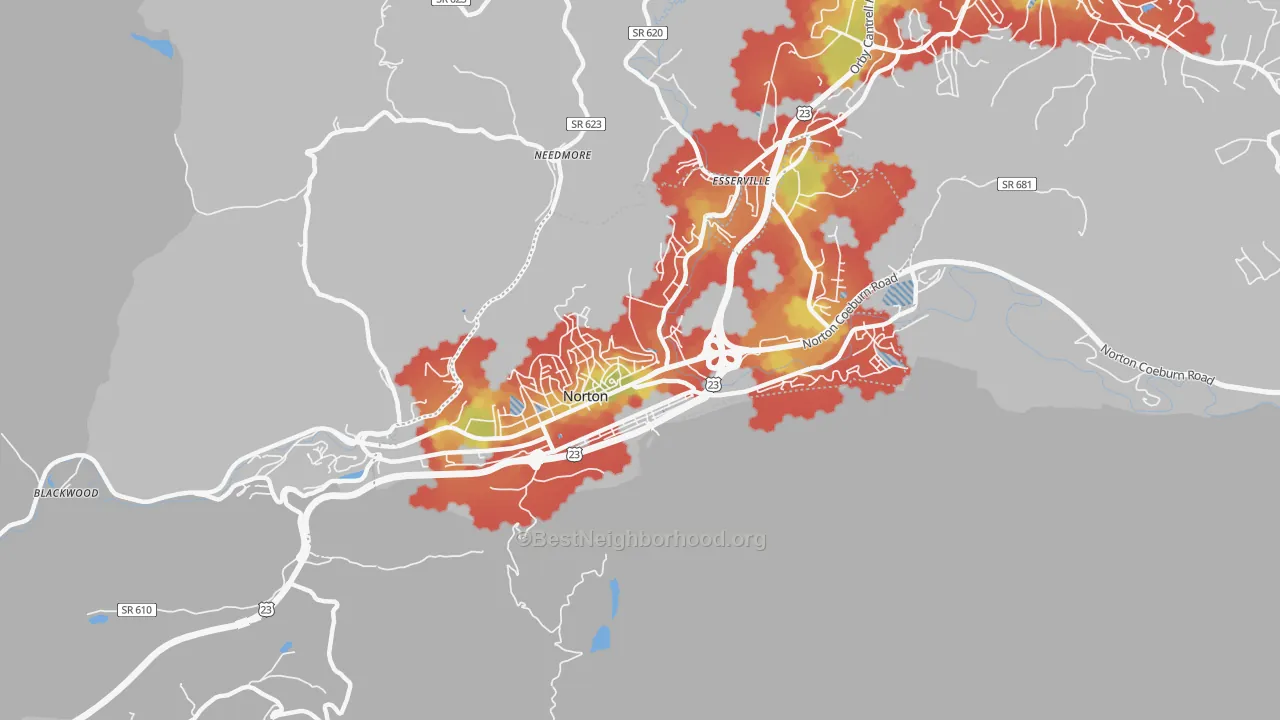 Walk Grade map of Norton City, VA, walkable areas in green and car-dependent areas in red