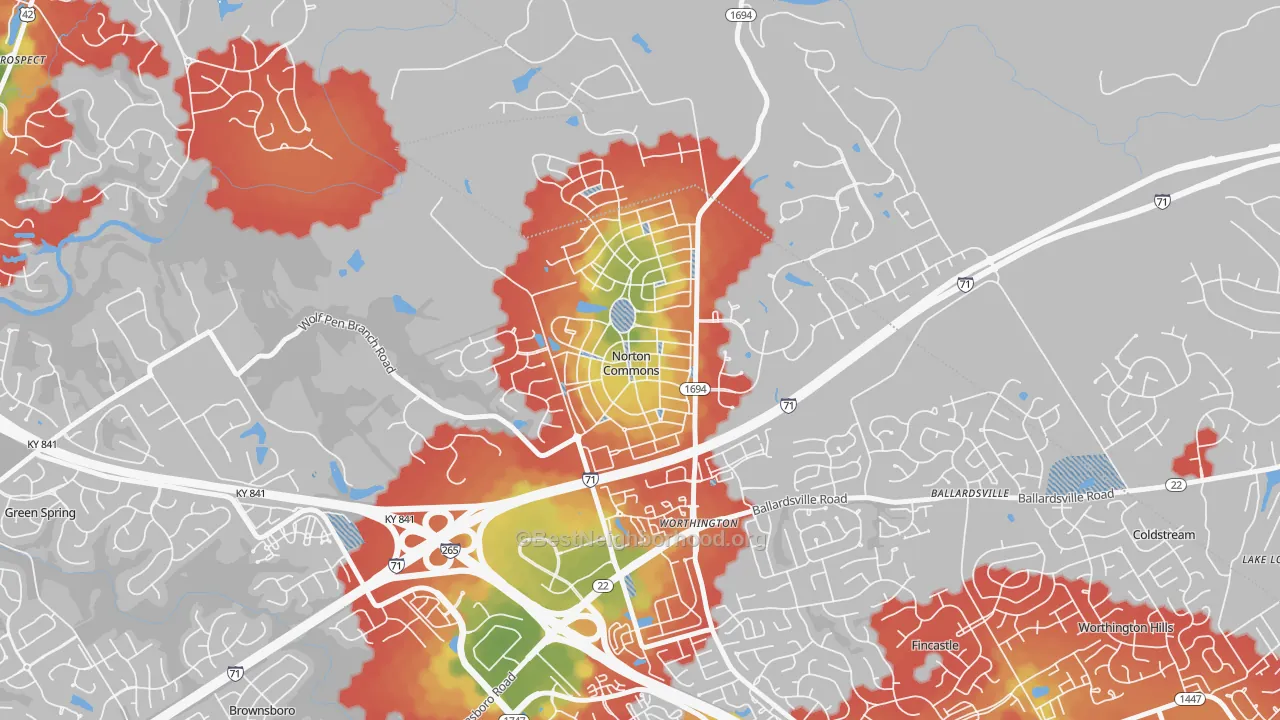 Walk Grade map of Norton Commons, Prospect, KY, walkable areas in green and car-dependent areas in red