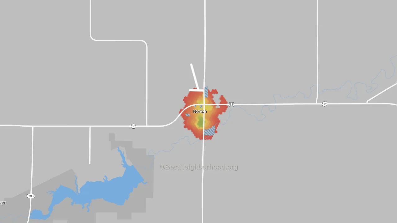 Walk Grade map of Norton, KS, walkable areas in green and car-dependent areas in red