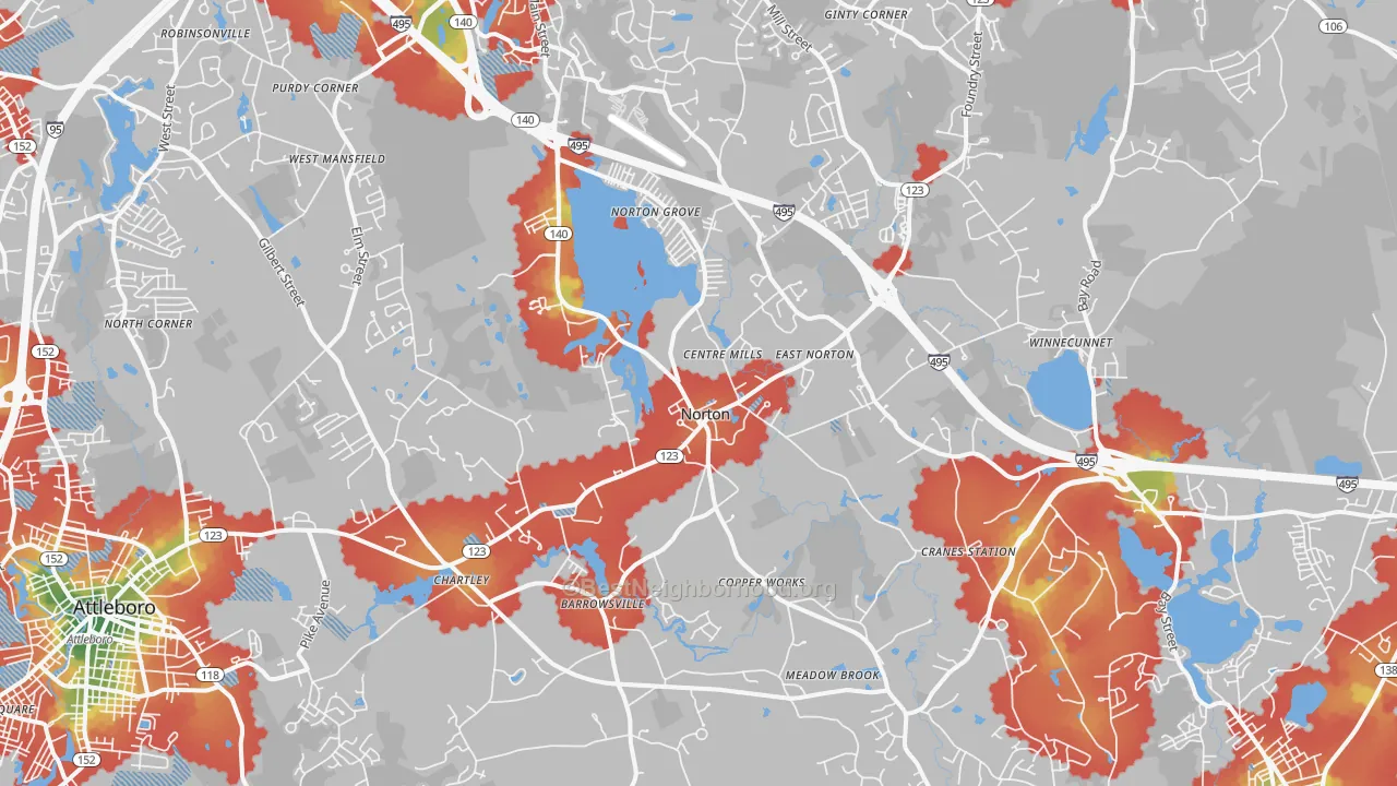 Walk Grade map of Norton, MA, walkable areas in green and car-dependent areas in red