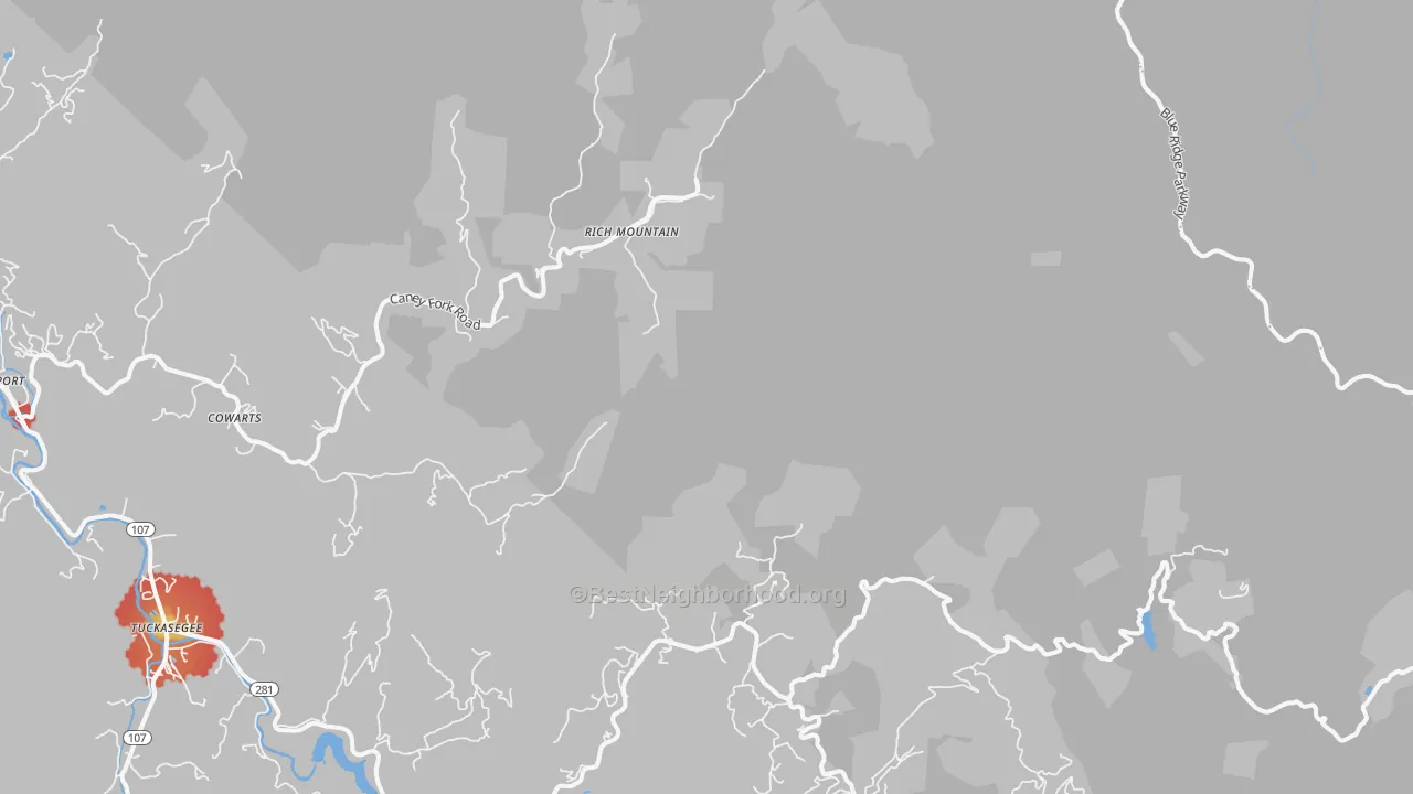 Walk Grade map of Norton, NC, walkable areas in green and car-dependent areas in red