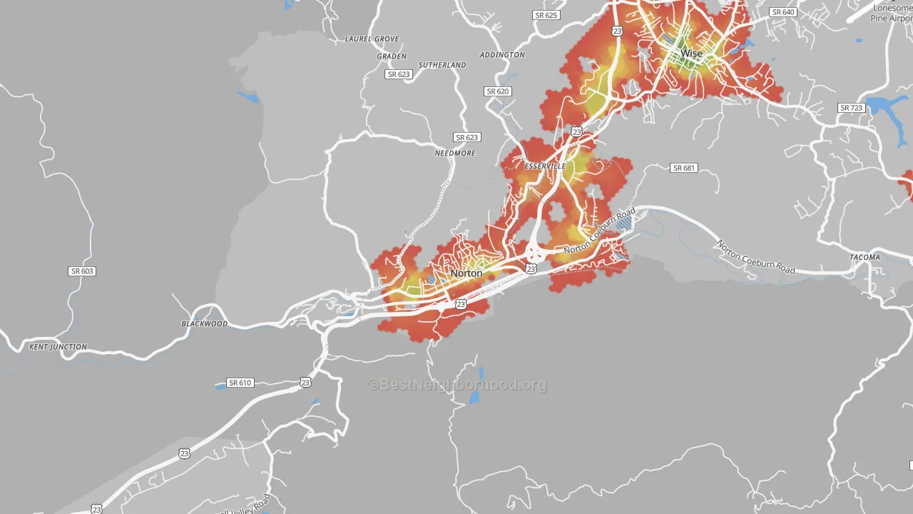 Walk Grade map of Norton, VA, walkable areas in green and car-dependent areas in red