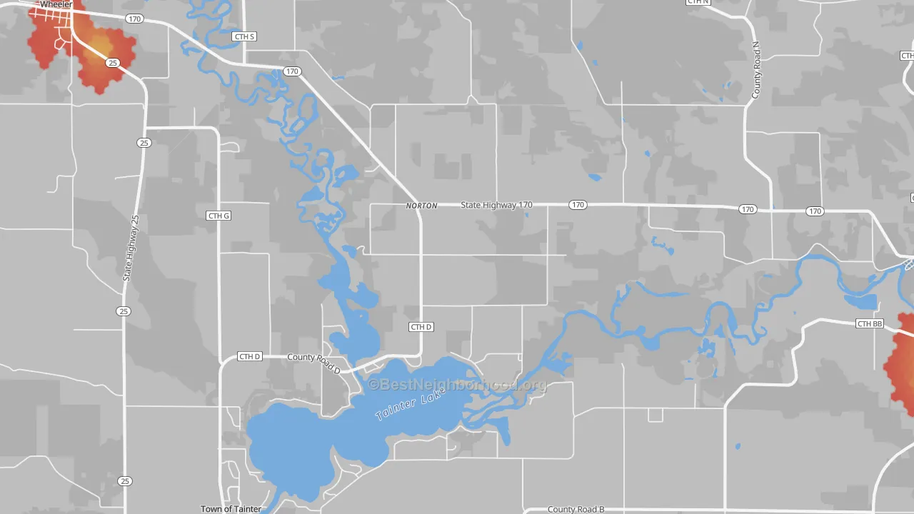 Walk Grade map of Norton, WI, walkable areas in green and car-dependent areas in red
