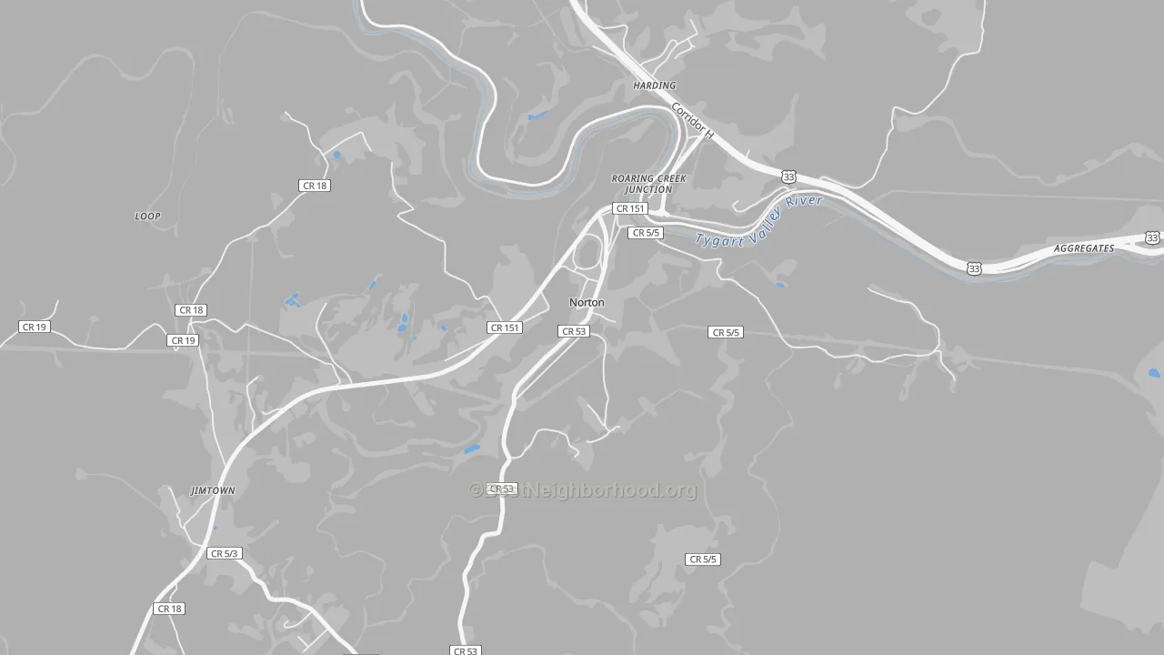 Walk Grade map of Norton, WV, walkable areas in green and car-dependent areas in red