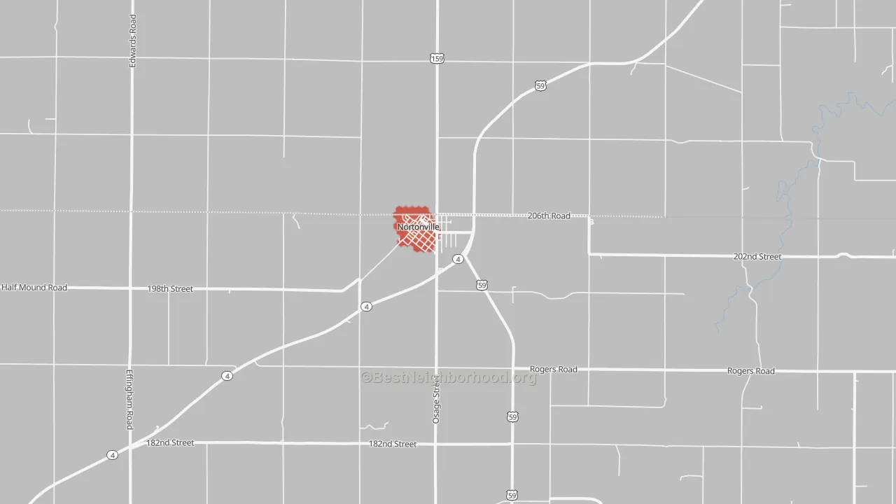 Walk Grade map of Nortonville, KS, walkable areas in green and car-dependent areas in red