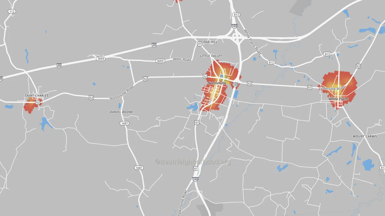 Walk Grade map of Nortonville, KY, walkable areas in green and car-dependent areas in red