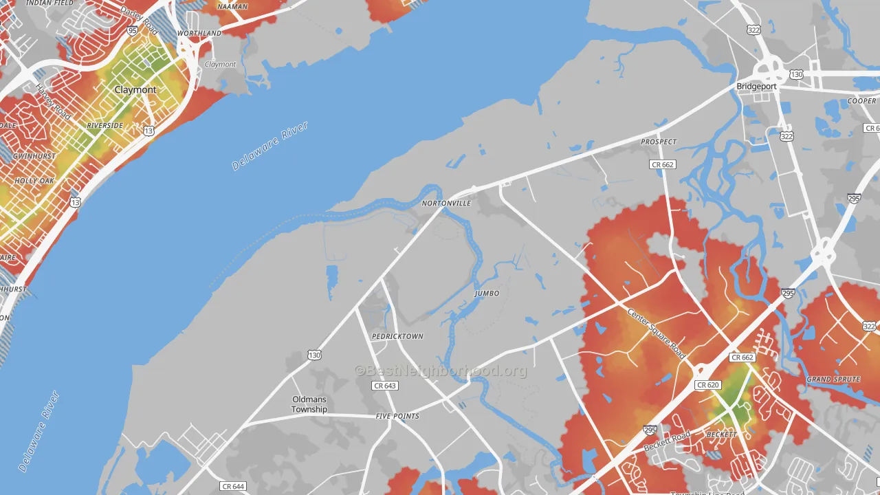 Walk Grade map of Nortonville, NJ, walkable areas in green and car-dependent areas in red