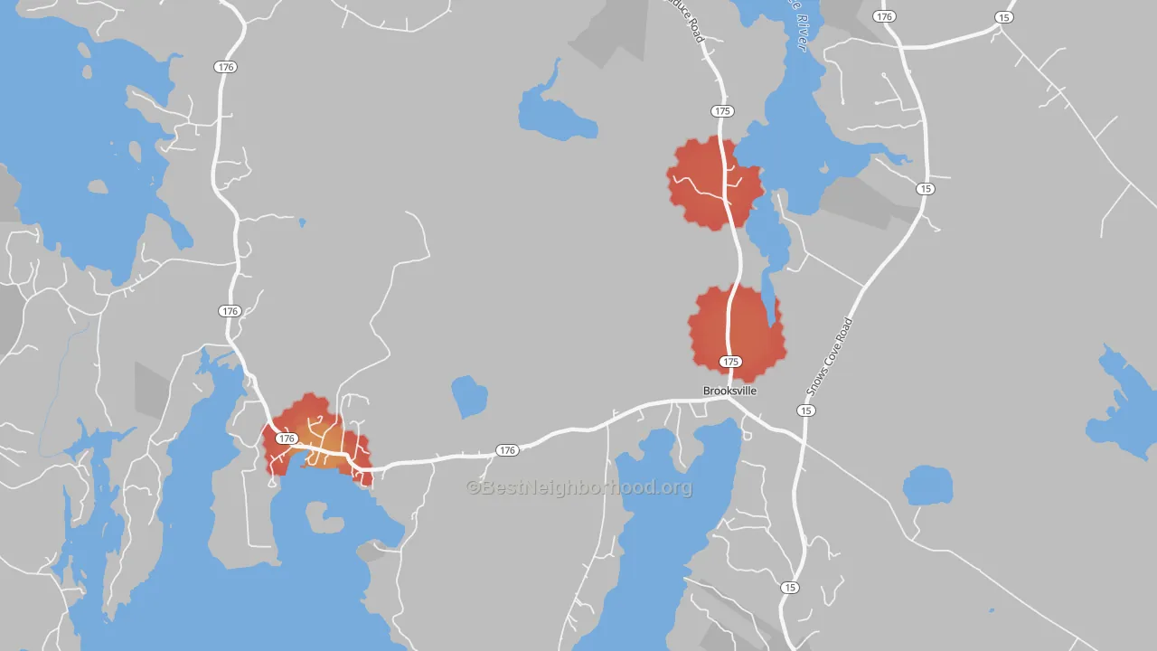 Walk Grade map of Norumbega, ME, walkable areas in green and car-dependent areas in red