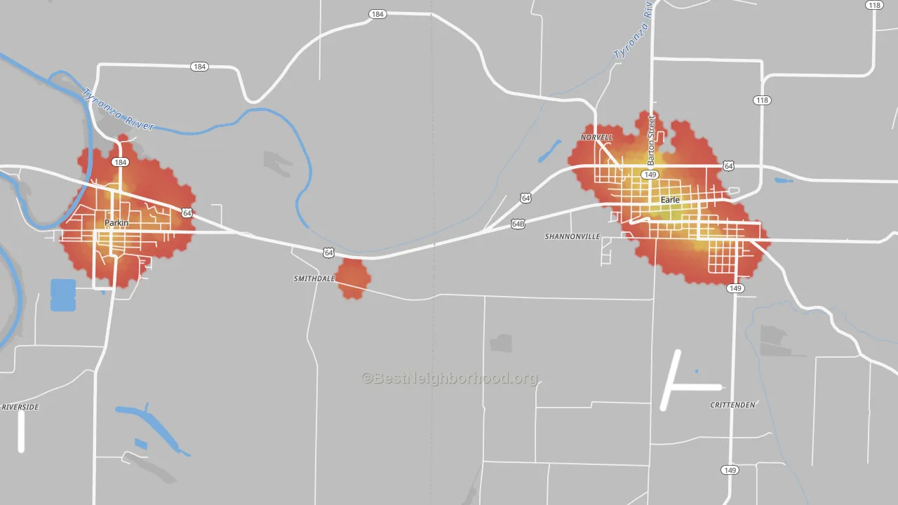 Walk Grade map of Norvell, AR, walkable areas in green and car-dependent areas in red