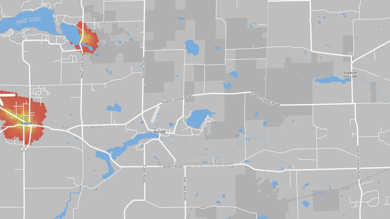 Walk Grade map of Norvell, MI, walkable areas in green and car-dependent areas in red