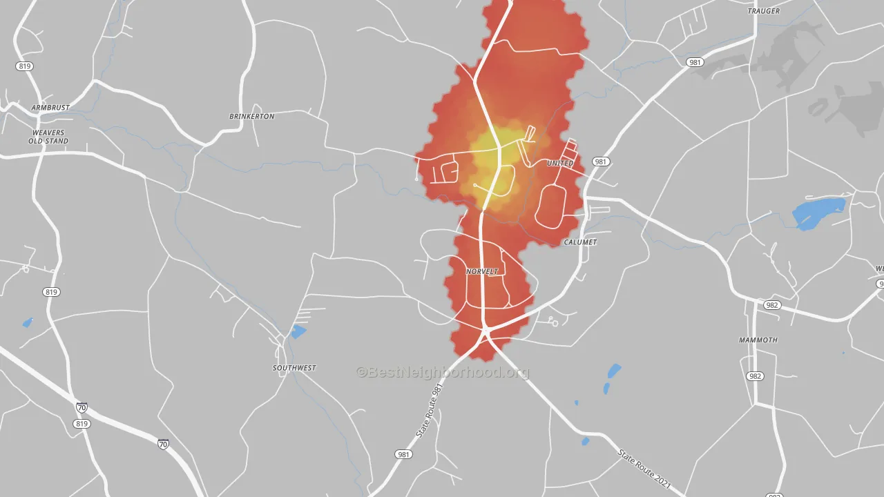 Walk Grade map of Norvelt, PA, walkable areas in green and car-dependent areas in red
