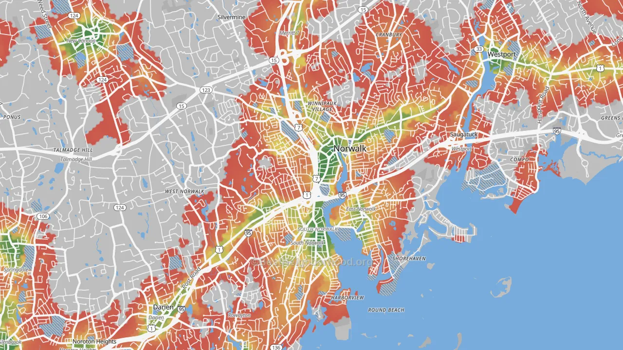 Walk Grade map of Norwalk, CT, walkable areas in green and car-dependent areas in red