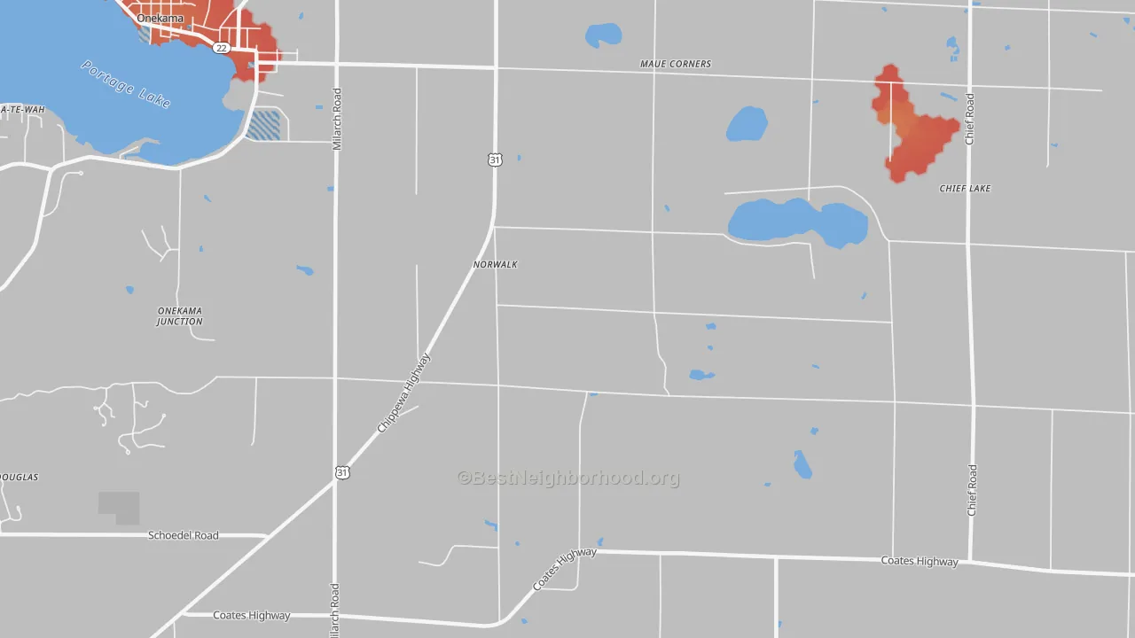 Walk Grade map of Norwalk, MI, walkable areas in green and car-dependent areas in red