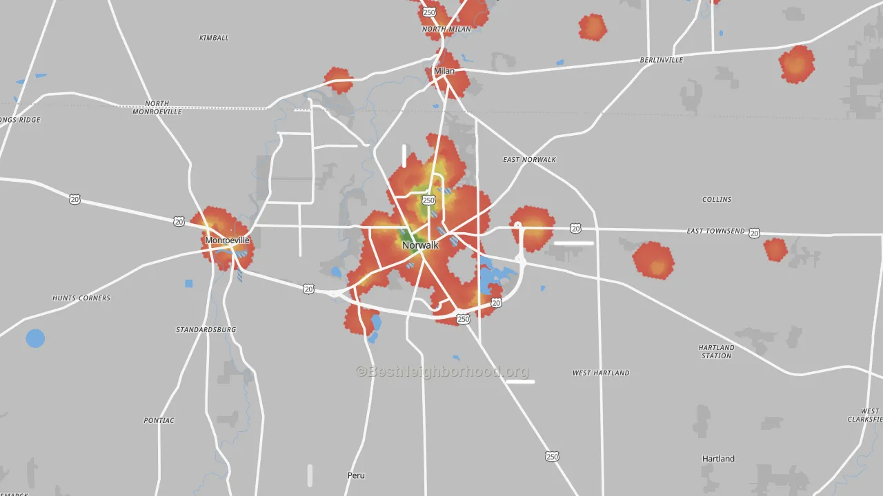 Walk Grade map of Norwalk, OH, walkable areas in green and car-dependent areas in red