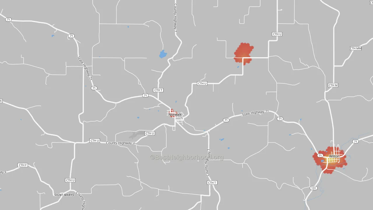 Walk Grade map of Norwalk, WI, walkable areas in green and car-dependent areas in red