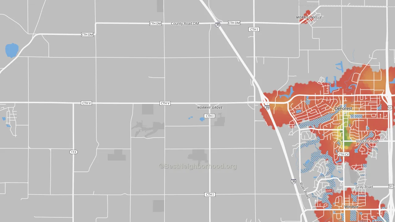 Walk Grade map of Norway Grove, WI, walkable areas in green and car-dependent areas in red