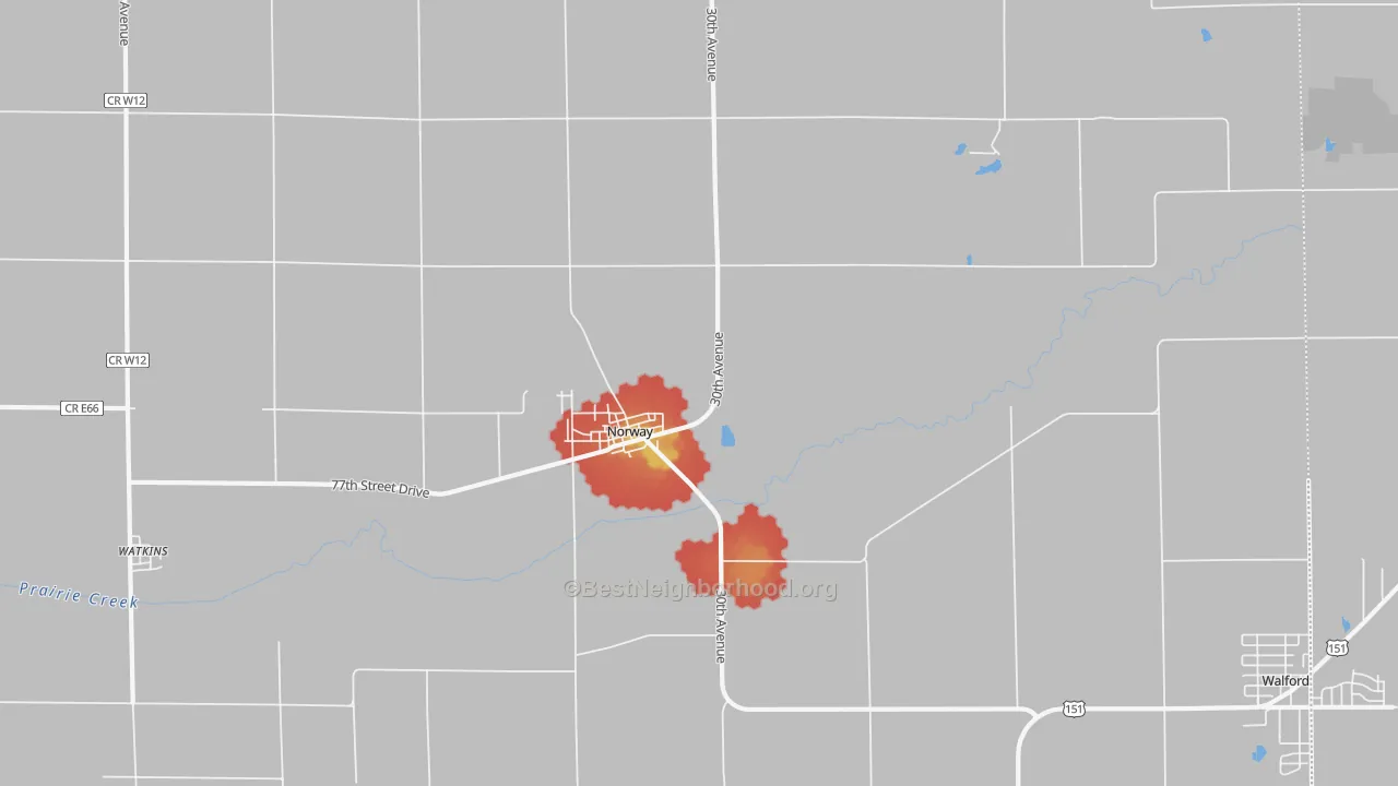 Walk Grade map of Norway, IA, walkable areas in green and car-dependent areas in red