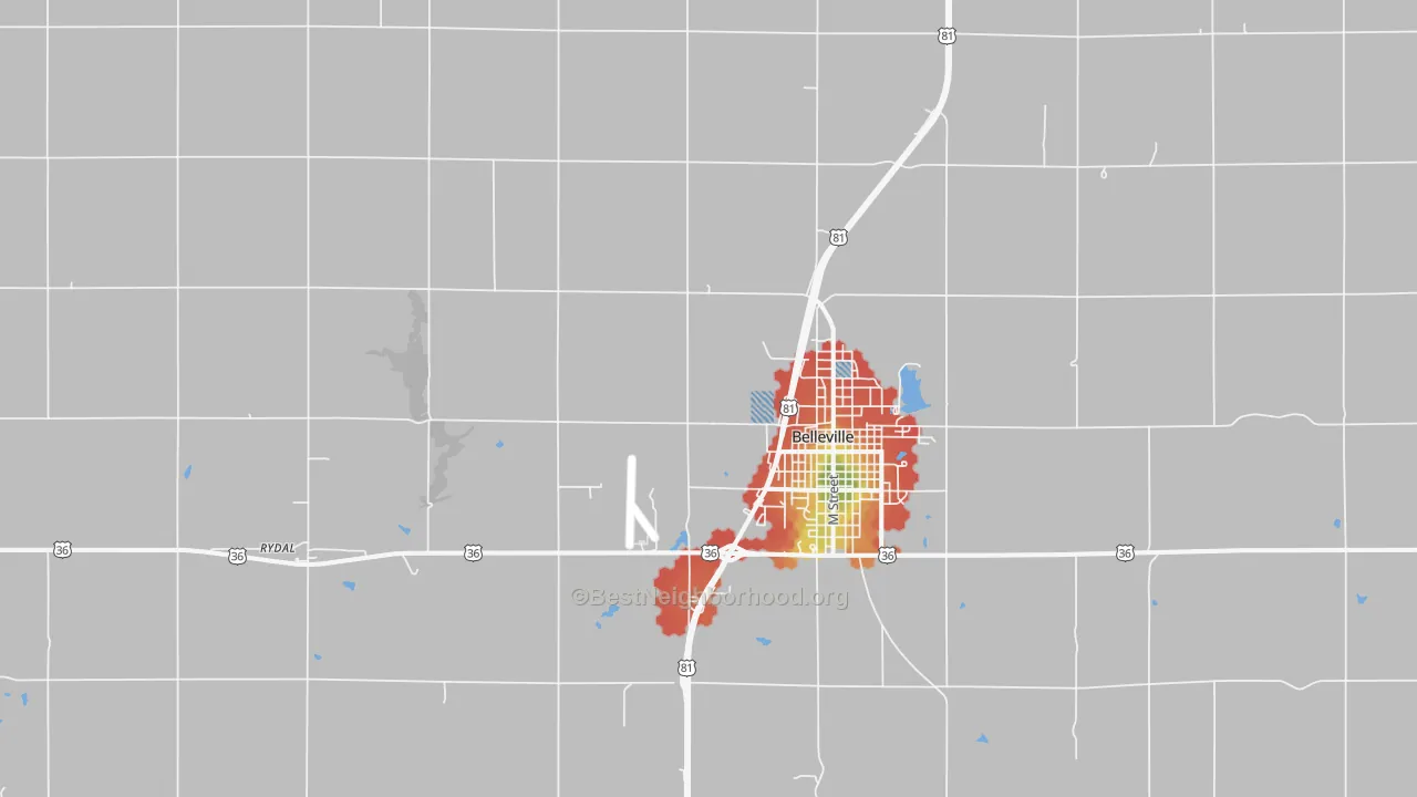 Walk Grade map of Norway, KS, walkable areas in green and car-dependent areas in red