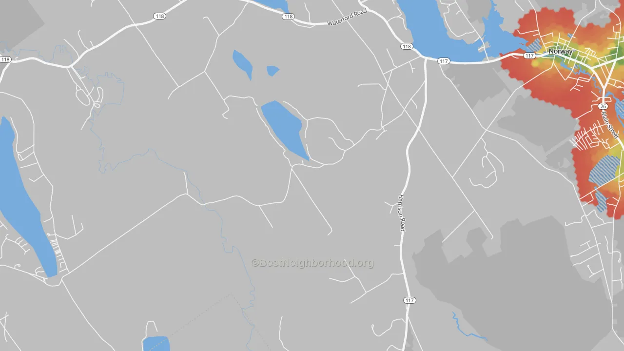 Walk Grade map of Norway Lake, ME, walkable areas in green and car-dependent areas in red