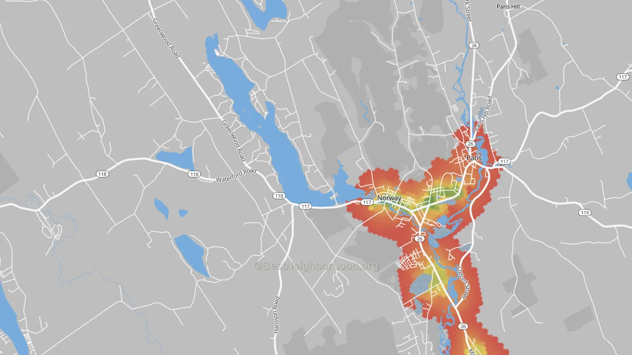 Walk Grade map of Norway, ME, walkable areas in green and car-dependent areas in red