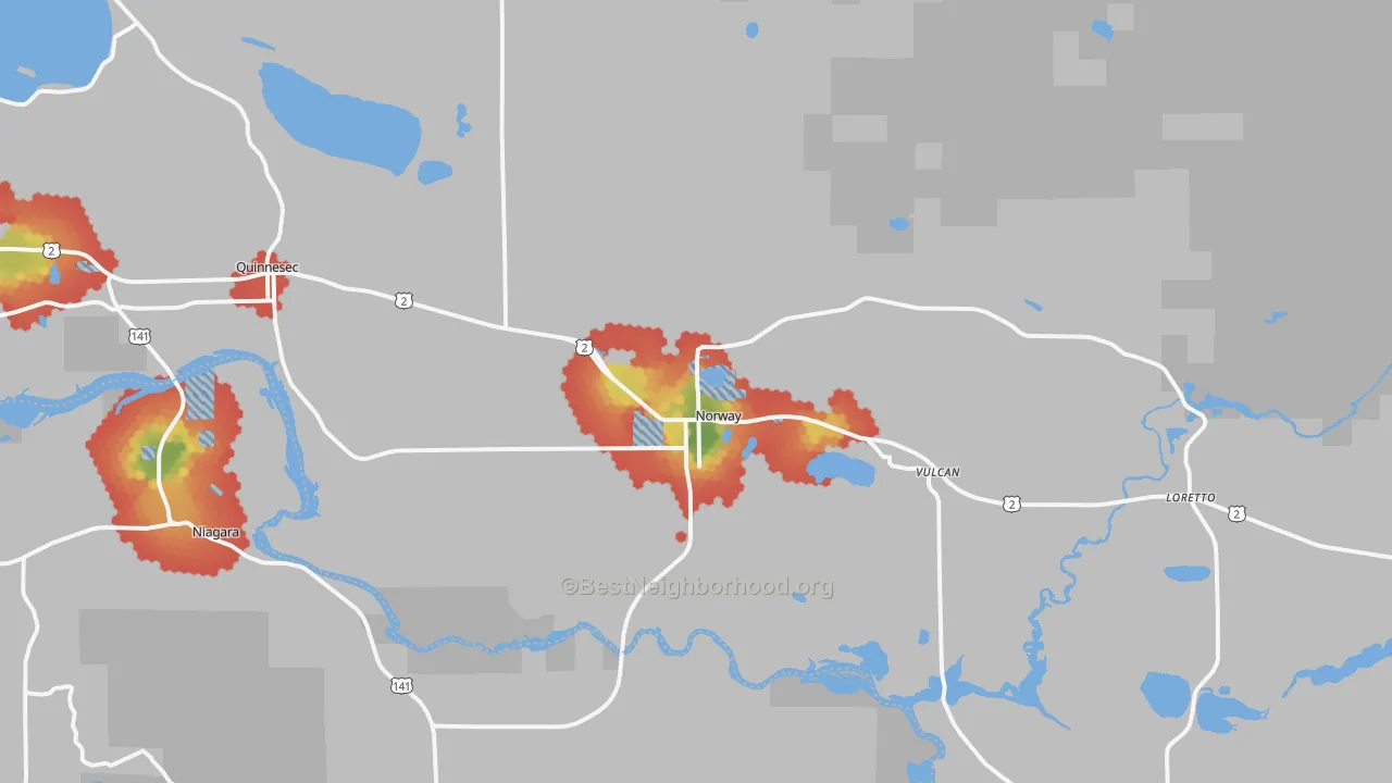 Walk Grade map of Norway, MI, walkable areas in green and car-dependent areas in red