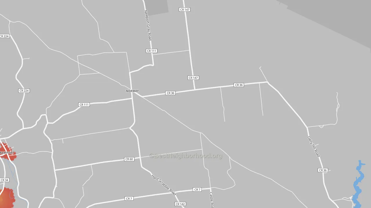 Walk Grade map of Norway, NY, walkable areas in green and car-dependent areas in red