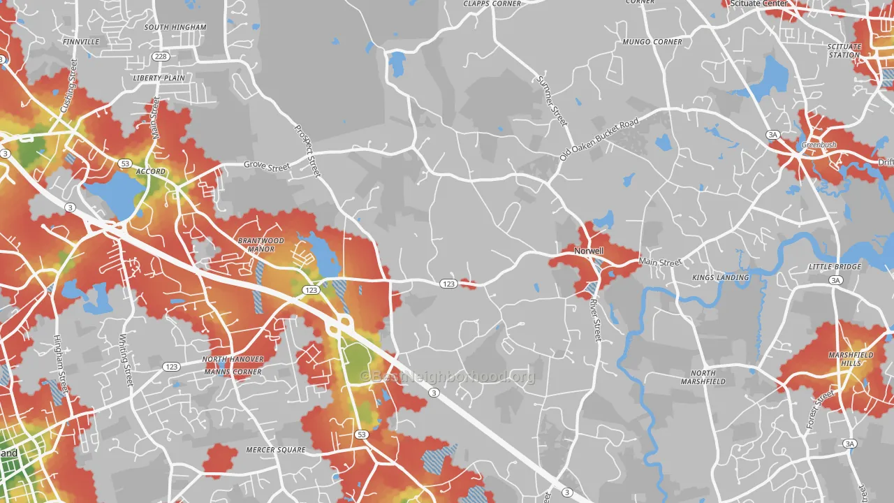 Walk Grade map of Norwell, MA, walkable areas in green and car-dependent areas in red