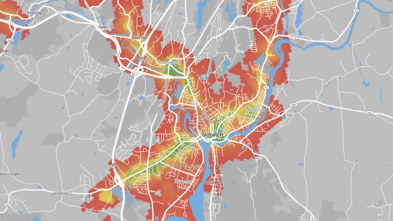 Walk Grade map of Norwich, CT, walkable areas in green and car-dependent areas in red