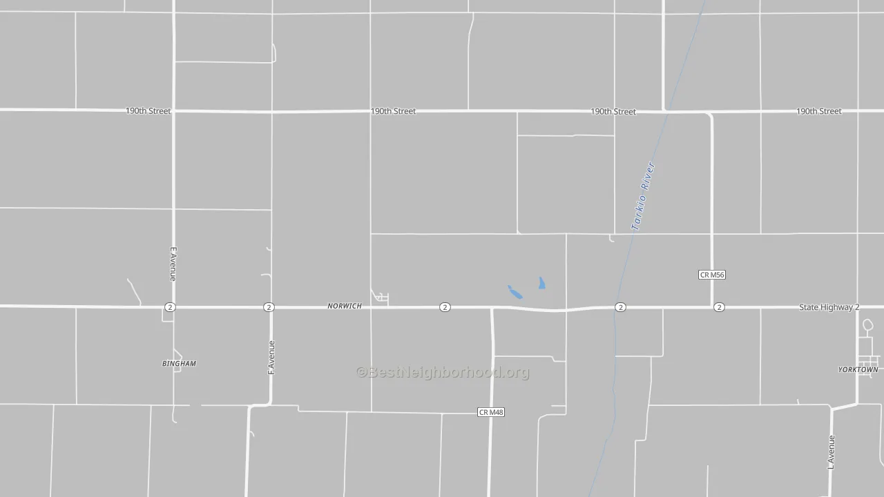 Walk Grade map of Norwich, IA, walkable areas in green and car-dependent areas in red