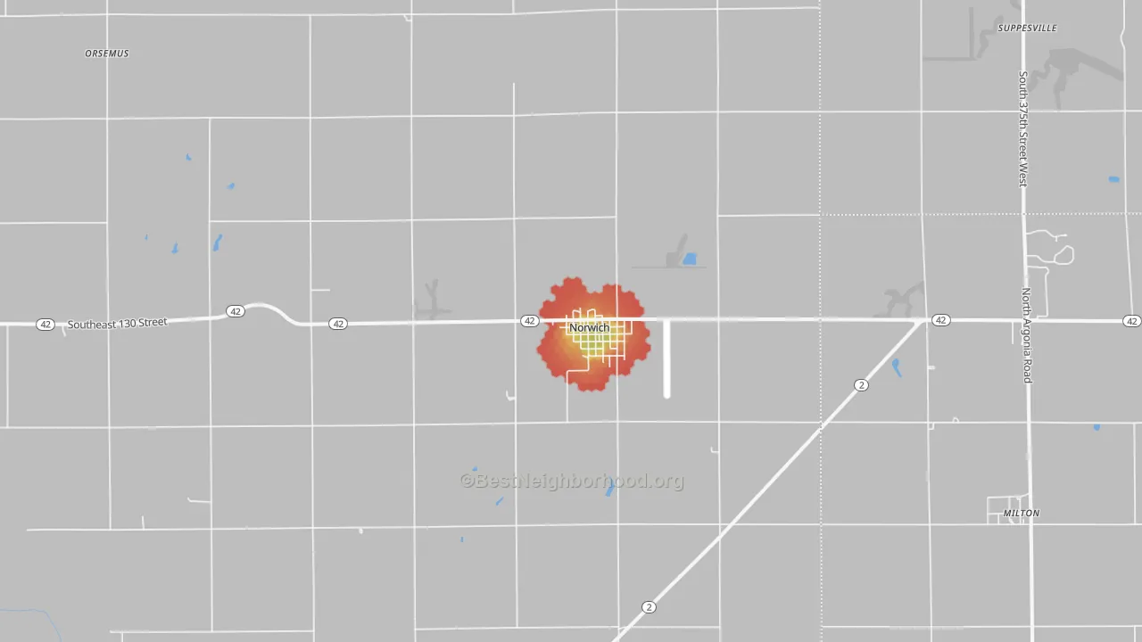Walk Grade map of Norwich, KS, walkable areas in green and car-dependent areas in red