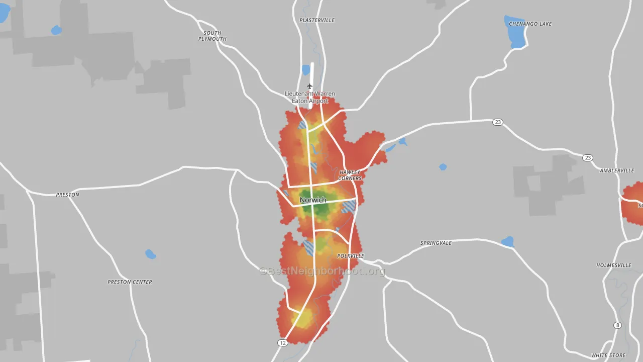 Walk Grade map of Norwich, NY, walkable areas in green and car-dependent areas in red