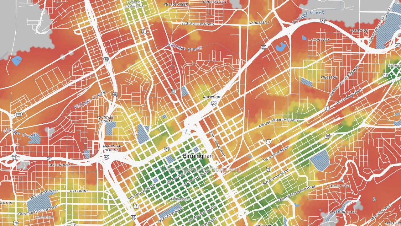 Walk Grade map of Norwood, Birmingham, AL, walkable areas in green and car-dependent areas in red