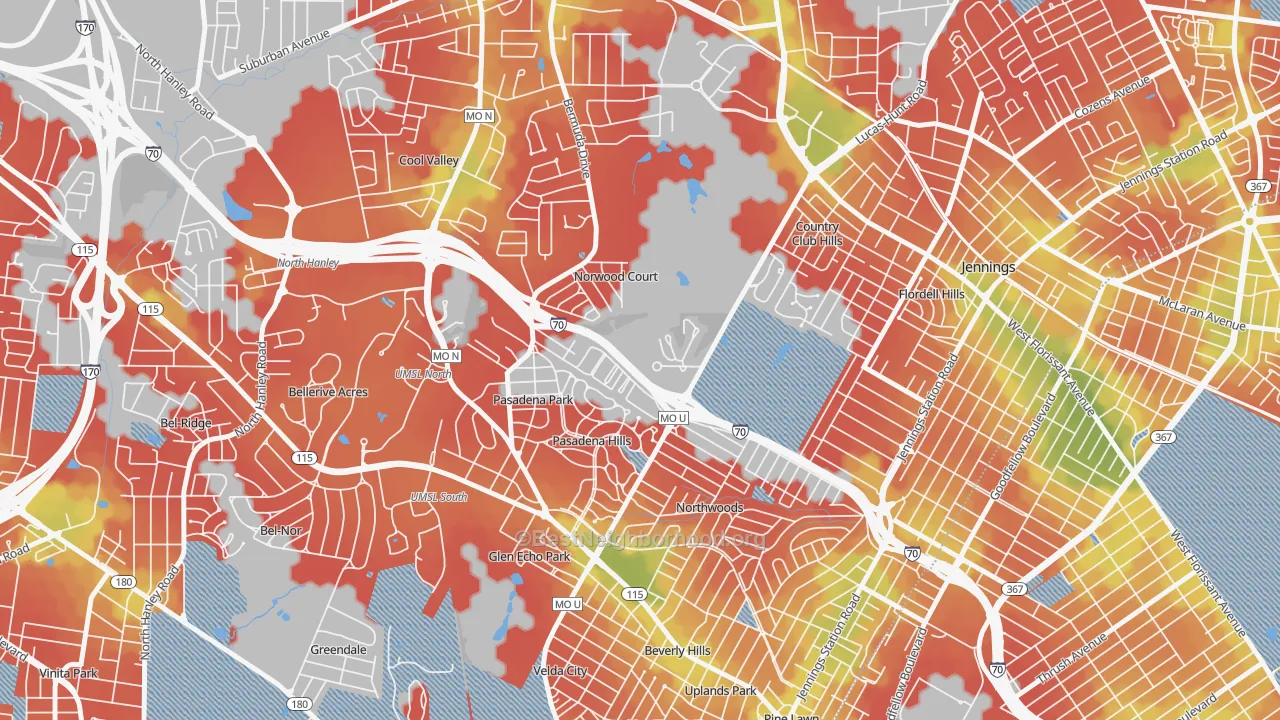 Walk Grade map of Norwood Court, MO, walkable areas in green and car-dependent areas in red