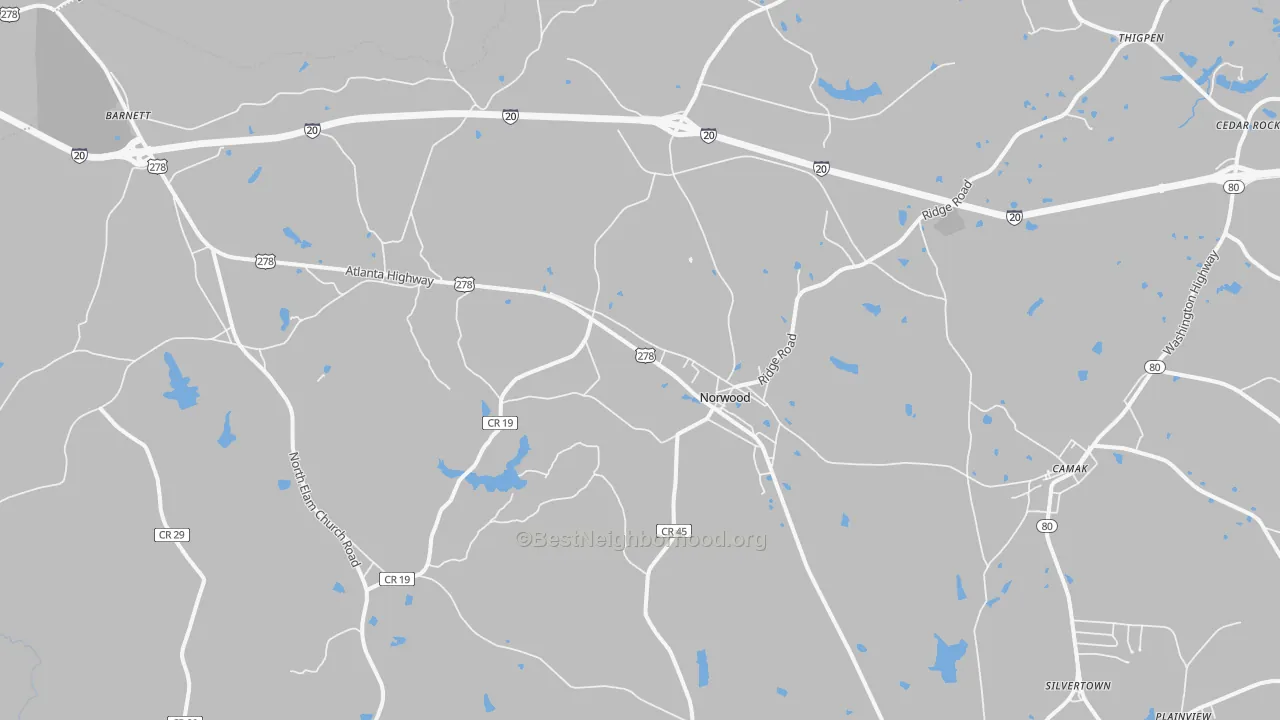 Walk Grade map of Norwood, GA, walkable areas in green and car-dependent areas in red
