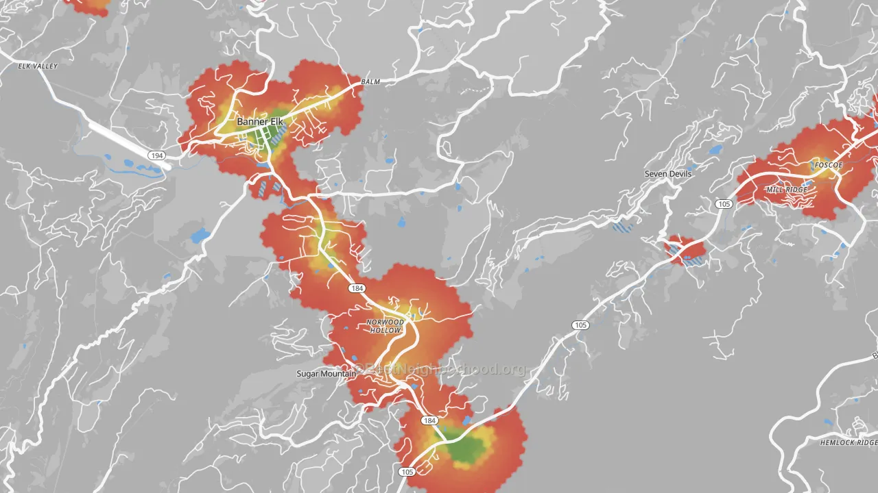 Walk Grade map of Norwood Hollow, NC, walkable areas in green and car-dependent areas in red