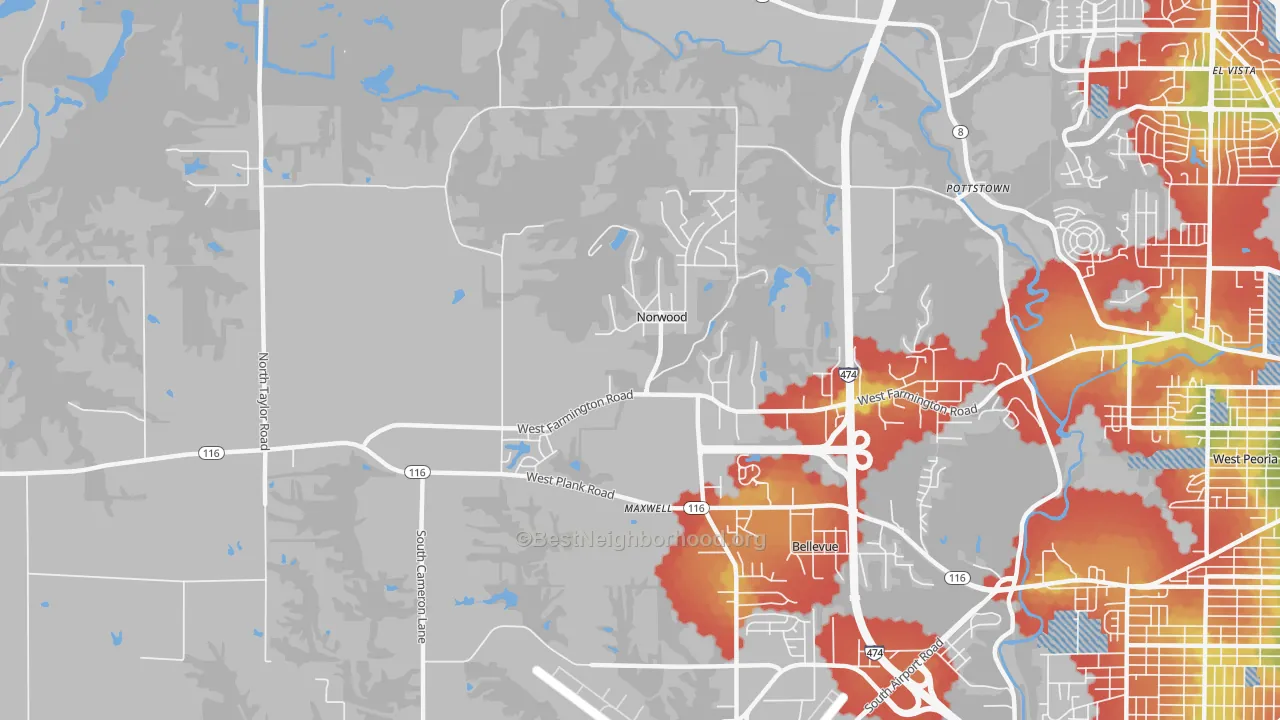 Walk Grade map of Norwood, IL, walkable areas in green and car-dependent areas in red