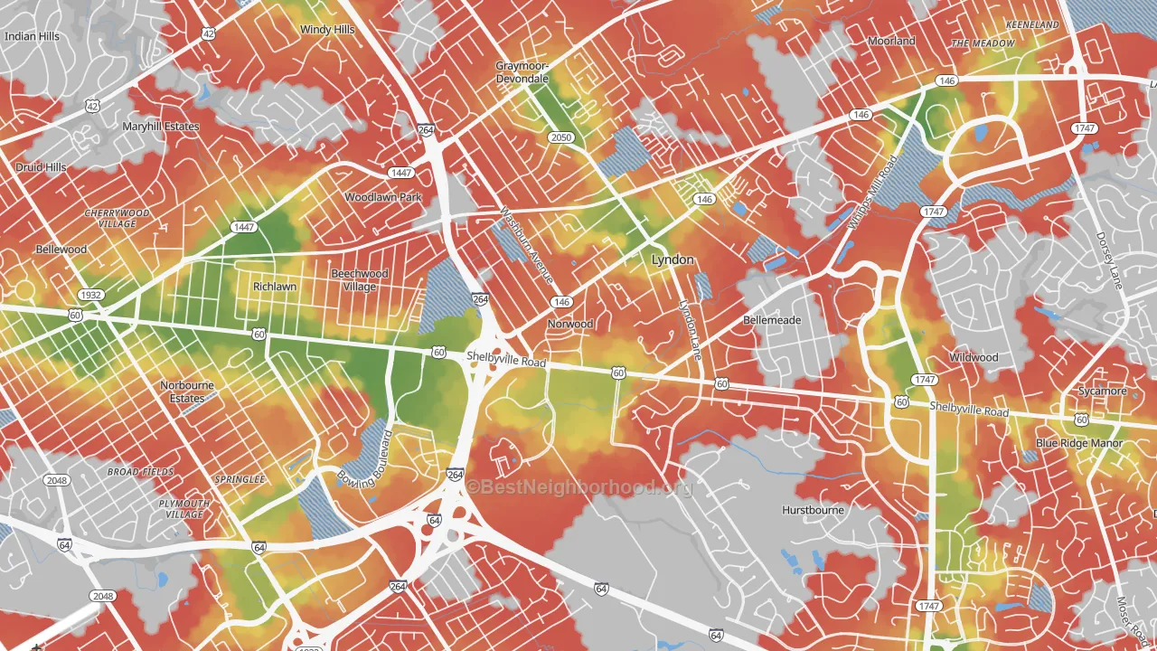 Walk Grade map of Norwood, KY, walkable areas in green and car-dependent areas in red