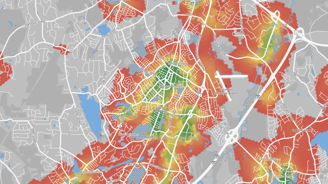 Walk Grade map of Norwood, MA, walkable areas in green and car-dependent areas in red