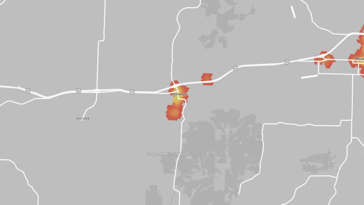 Walk Grade map of Norwood, MO, walkable areas in green and car-dependent areas in red