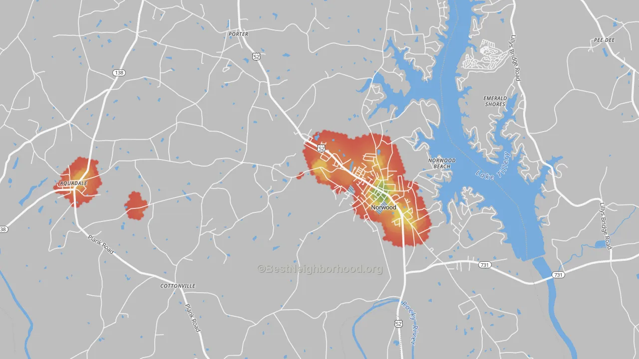 Walk Grade map of Norwood, NC, walkable areas in green and car-dependent areas in red