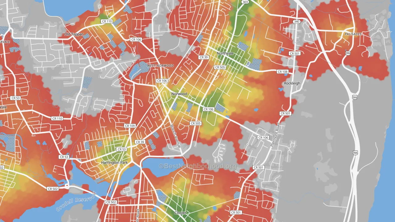 Walk Grade map of Norwood, NJ, walkable areas in green and car-dependent areas in red