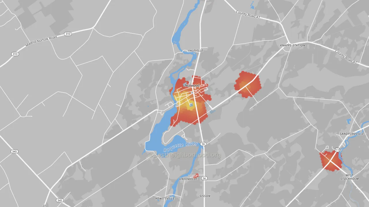 Walk Grade map of Norwood, NY, walkable areas in green and car-dependent areas in red