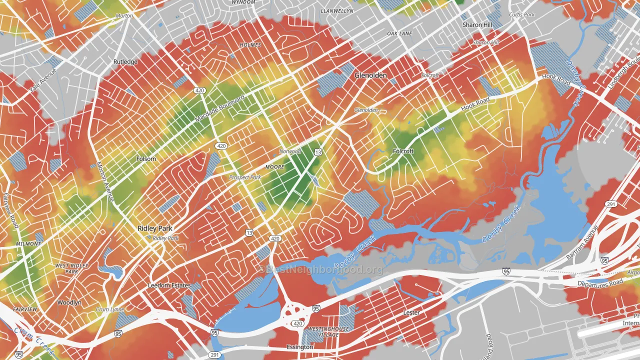 Walk Grade map of Norwood, PA, walkable areas in green and car-dependent areas in red