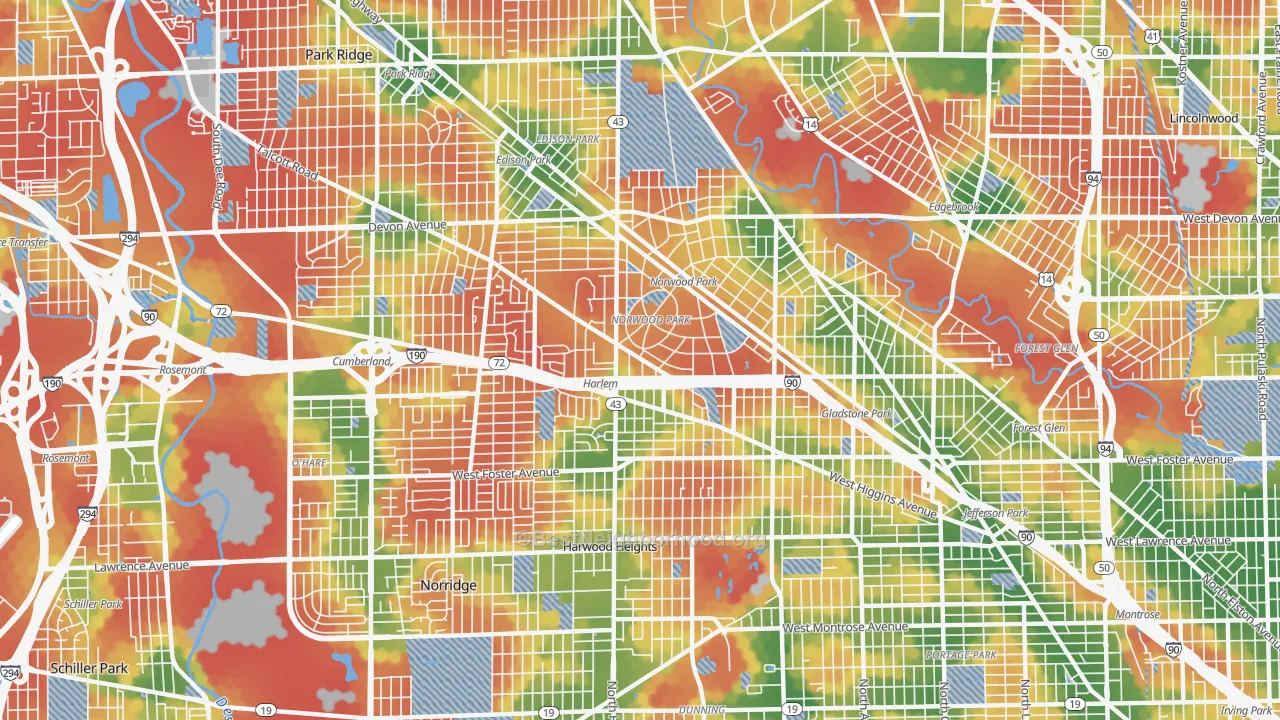 Walk Grade map of Norwood Park, Chicago, IL, walkable areas in green and car-dependent areas in red