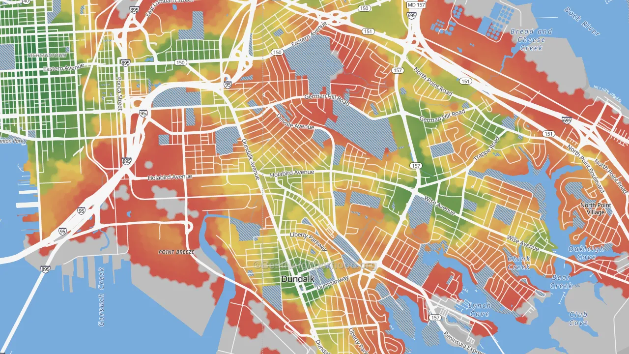 Walk Grade map of Norwood Park, Dundalk, MD, walkable areas in green and car-dependent areas in red
